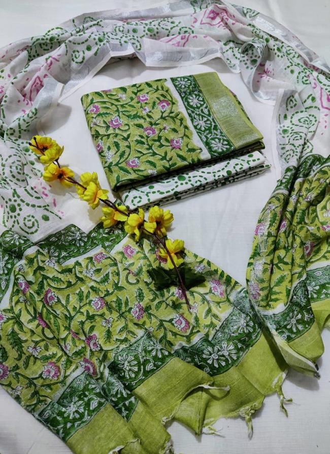 Linen Cotton Green Casual Wear Printed Salwar Suit